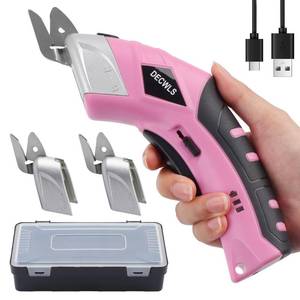 lot 6340 image: Decwls Cordless Electric Scissors for Fabric with 3 Type Blades, 4V Rechargeable Cardboard Scissors, Powerful Shears with Safety Lock Suitable, Cutting Tool for Carpet, Fabric, Cardboard, Leather-Pink