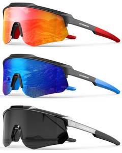 lot 6373 image: OUKEMAX Polarized Sports Sunglasses for Men Women, UV400 One-Piece Lens Sport Shades for Baseball, Running, Cycling, Fishing Transparent Black-Blue-Red