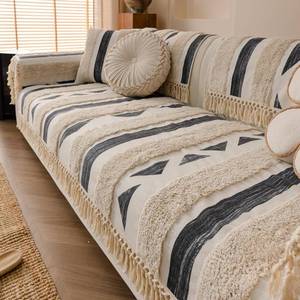 lot 6377 image: vctops Boho Cotton Linen Sofa Cover with Handmade Tassels Farmhouse Rustic Thick Tufted Setcional Couch Covers Non-Slip Soft Sofa Slipcover Washable Furniture Protector (Pattern B,28x28)