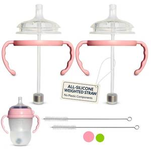 lot 6391 image: Straw Cup Conversion Kit for Comotomo Baby Bottles 2-Count, Food Grade Silicone Straw Top Nipples, All Silicone Weighted Straw, Bottle Handles, Cleaning Brush, BPA Free, 6 Months (Straw Top, Pink)