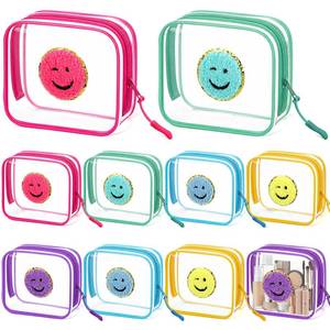 lot 6402 image: Sunnymove 10 Pcs Preppy Patch Clear Makeup Bags with Zipper Small Chenille Cosmetic Bag for Purse Travel Transparent PVC Waterproof Carry Pouches Organizer Case Coin Purse Aesthetic Stuff (Smile Face)