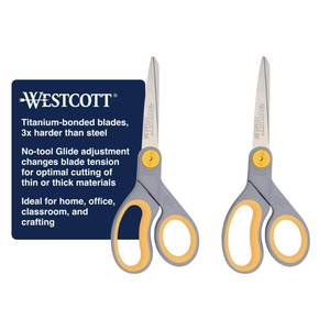 lot 6413 image: Westcott 8 Titanium Bonded Scissors with Adjustable Glide and Soft Handle, 2-Pack- Durable Multipurpose Scissors for Office, Home, and School Use, Sharp Precision Blades for Everyday Cutting