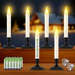 lot 7022 image: Enhon Christmas Window Candles Battery Operated, Dusk to Dawn Light Sensor, Black Holders, Suction Cups, Ivory LED Christmas Window Candles with Amber Flicker Flame, AA Batteries Included(6 Pack)