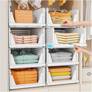 lot 7026 image: SNSLXH 5 Pack Stackable Closet Storage Basket, Multifunctional & Foldable Closet Organizer for Bathroom Kitchen Laundry Room Wardrobe Storage, Space-Saving Clothes Storage Drawer Organizer, White