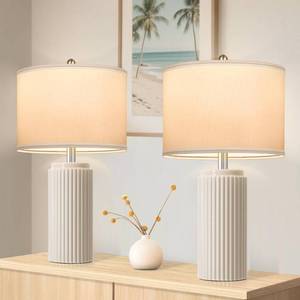 lot 11651 image: 23.5���� Beige Modern Ceramic Table Lamps Set of 2 for Living Room, Farmhouse Bedside Lamps with Upgraded White Linen Shade, Rustic Nightstand Lamps for Bedroom Home Office, Vintage End Table Dorm