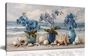 lot 11653 image: AOZEMI Blue Wall Art Beach Ocean Wall Decor Flower Canvas Art Coastal Seascape Pictures Floral Vase Poster Starfish Conch Shell Print Art for Bedroom Bathroom Living Room Office 20x 40(Pack Of 2)