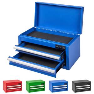 lot 11694 image: Mini Tool Box - Metal Tool Chest with 2 Drawers & PVC Drawer Liners for Workbench or Desk, Powder-Coated Steel Small Toolbox - Multi-Purpose Storage for Machinists Tools, DIY, 3D Printer Parts - Blue