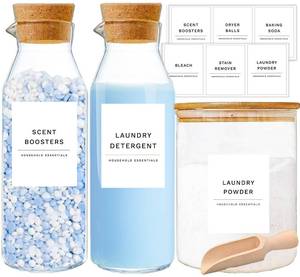 lot 11710 image: Glass Laundry Detergent Dispenser Set with Cork Lids, Fabric Softener Dispenser, Easy Pour 3 Pack Laundry Bottles, Liquid Detergent Containers, Scent Booster & Bleach Container for Laundry Room