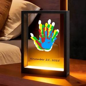 lot 11716 image: Bixinyo Family Handprint Kit with Light, Baby Hand and Footprint Keepsake Wooden Frame, Family Gifts for Mom, Women, New Parents, Mothers Day, Adoption Gifts, 5 Non-Toxic Paints (Light, Black)