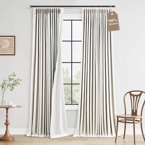lot 11723 image: 100% Blackout Linen Pinch Pleated Curtains Beige Ivory 2 Panels 96 Inches Long Ceiling to Floor 8 FT Black Out Curtain, Back Tab Modern Room Darkening Boho White Drapes for Bedroom Living Room Cream
