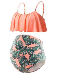 lot 12025 image: DEBELLY Maternity Bikini Set Pregnancy Two Piece Swimwear with Ruffle Top High Waist Bottom Bathing Suits,Orange Leafs,M