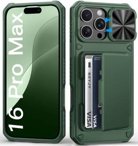 lot 12028 image: BXYJY for iPhone 16 Pro Max Wallet Case, Built-in Credit Card Holder (4-5 Cards), Military Protection, Slide Lens Cover, Rugged Heavy Duty Women Men Protective Phone Case for iPhone 16Pro Max, Green
