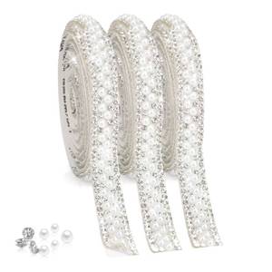 lot 12032 image: Pearl Ribbon Self Adhesive Pearl Rhinestone Ribbon 3 Roll Crystal Strips Pearls Sticker Rhinestone Strips Tape Bling Diamond Pearls Trim for Crafts DIY Phone Wedding Birthday Party Decor (3 Yard)