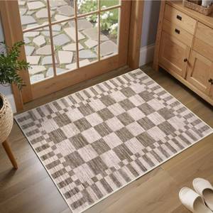 lot 12047 image: GarveeHome Brown Checkered Rug 2x3 Washable Rug Non-Slip for Entryway, Geometric Tan Brown Print Soft Low-Pile Small Area Rugs,Beige Neutral Modern Geometric Rugs for Kitchen