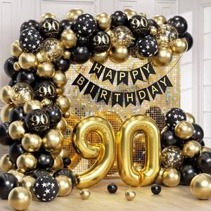 lot 12053 image: 90th Birthday Decorations for Men Women with Happy 90th Birthday Decorations Banner 90 Balloon Number, Black and Gold 90th Birthday Balloons Kit for 90th Birthday Party Decorations