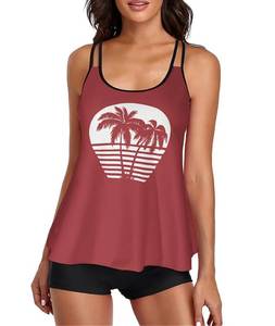 lot 12102 image: Stylish Swim Suits for Women Slimming Tankini Set Adjustable Straps 2 Piece Swimwear Tropical Hawaii Beach Pool Party Photoshoot Flattering Hides Belly Perfect for Vacation Brick Red Tree M
