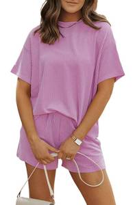 lot 12109 image: YBHUO Pajama Sets for Women 2 Piece Sleepwear Soft Comfy Textured Short Sleeve T-Shirts Tops and Shorts Lounge Set Loungewear Outfit B Pink (2XL)
