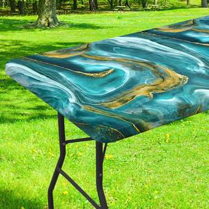 lot 12111 image: Smiry Rectangle Table Cloth Cover, Waterproof Elastic Fitted Picnic Tablecloth for 4 Foot Tables, Wipeable Flannel Backed Vinyl Tablecloths for Camping, Dining, Outdoor (Teal & Gold, 24 x 48)
