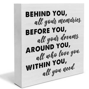 lot 12115 image: YIDOU Graduation Quote Wood Box Sign Decor Desk Sign Positive Behind You All Your Memories Wooden Box Block Sign Rustic Home Shelf Wall Decoration Grad Gift