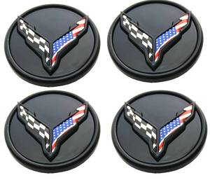 lot 12122 image: 4Pcs Custom Wheel Center Wheel Cap Flash Cross USA Flags Logo Replacement for 2020-2025 C8 Corvette 84691535 New (Black Colorful)