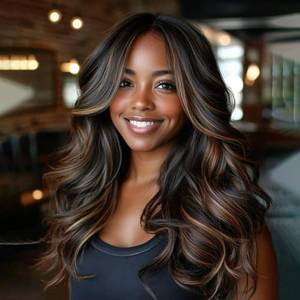 lot 12127 image: Aisaide Black Mix Highlight Brown Wig with Bangs Long Wavy Layered Wig with Curtain Bangs for White Black Women,Synthetic Ombre Highlight Brown Layered Long Wavy Shaggy for Women 24inch