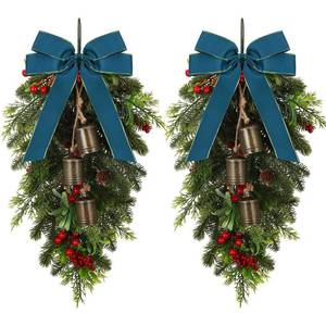 lot 19395 image: Daifunli 2 Pack Christmas Teardrop Swags 23.6 Artificial Pine Greenery with Rustic Cow Bells Vintage Cedar Pine Needles with Green Bow Red Berries for Front Door Outdoor Farmhouse Wall Hanging Decor