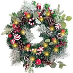 lot 19404 image: WANNA-CUL Pre-Lit 24 Inch Lighted Christmas Wreath for Front Door Red White Christmas Door Wreath Decoration with Ball Ornaments, Candy Canes,Eucalyptus Leaves, Battery Operated 30 LED Lights