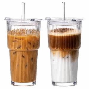 lot 19451 image: VA1KENE 20oz Glass Tumblers with Straws and Lids 2 Pack, Ribbed Glass Cups, Leak Resistant Iced Coffee Cups, Thick Reusable Drinking Glasses, Fits Car Cup Holder, Clear Travel Coffee Cups