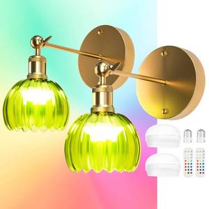 lot 19460 image: Letaclanic 2 Pack Vintage Battery Operated Wall Sconce with Green Tulip Glass Lampshade, 4000mAh Battery, Lossless Installation Battery Powered Wall Light with Remote Control for Bedside Bedroom