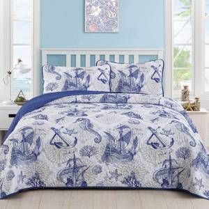 lot 19463 image: DJY Blue Quilt Set King Nautical Beach Quilt Coverlet Set Coastal Seahorse Bedspread with 2 Pillow Shams Lightweight Coastal Bedding Quilt Set for Adults Teens Kids (3 Pieces, 90x104)