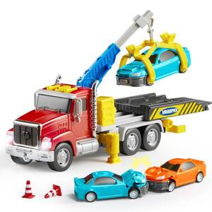 lot 19477 image: JOVA Vroomix Kids Tow Truck Toys for 3 4 5 6 7 Years Old Boys, Toddler Car Toys, Large Truck with 2 Transformation Cars and Trailer, Crane with Lights and Sounds, Birthday Gifts