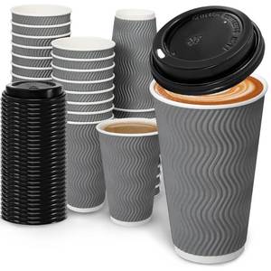 lot 19492 image: BYSNOW 100 Pack 16 oz Coffee Cups with Lids, Disposable Insulated Hot Cups To Go Paper Coffee Cups, Corrugated Ripple Wall Cup for Hot Drink, Office, Coffee Bar (Grey 16 oz)