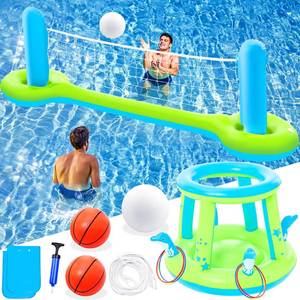 lot 19493 image: Jasonwell Pool Toys Games Set - 3 in 1 Pool Volleyball Net Basketball Hoop Ring Toss Game Inflatable Floats Water Floating Volleyball Swimming Pools Games Party Gift for Kids Adults (Green&Blue, L)