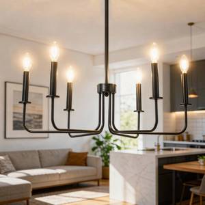lot 19495 image: Phaosio Farmhouse Chandelier, 6-Light Metal Hanging Ceiling Light Fixture for Dining Room, Kitchen Island, Living Room, Entryway, Foyer-Matte Black