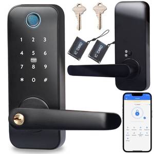 lot 19498 image: Fingerprint Smart Door Lock with Handle, Keyless Entry Deadbolt Lock for Front Door, Office and Bedrooms, Digital Electronic Lock with Touchscreen Keypad, Remote App Control