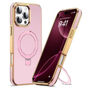 lot 20381 image: RIASOLIN Compatible with iPhone 16 Pro Case with Invisible Magnetic Stand, Compatible with Mag-Safe Luxury Phone Case for iPhone 16 Pro Plating Gold Edge & Leather Inlay, Rose Gold