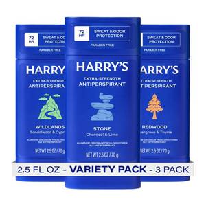 lot 20418 image: Harrys Extra-Strength Antiperspirant Deodorant, Sweat & Odor Control Antiperspirant for Men, Variety Pack - Stone, Redwood, Wildlands, 2.5 oz Pack of 3