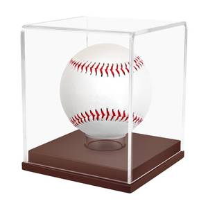 lot 20453 image: Baseball Display Case, UV Protected Clear Acrylic Cube Golf Ball Display Holder, Autograph Stand and Memorabilia Showcase Box for One Ball, Brown Wooden Base