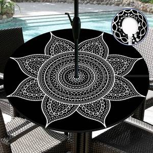 lot 20456 image: Butaluk Round Outdoor Tablecloth with Umbrella Hole Waterproof Patio Table Covers Fitted Tablecloth with Elastic Zippered Outdoor Table Cloth for Picnic, Camping, Garden (Black, 48 (Round))