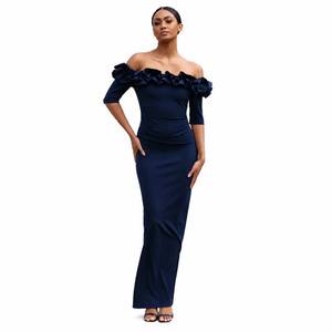lot 20458 image: Xscape Womens Long Off-the-Shoulder Ruffle Neck Formal Evening Gown with � Sleeves and Back Slit, Navy, size 10P