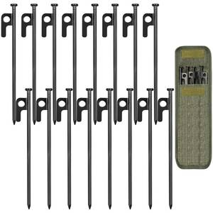 lot 20486 image: 16 Pack Tent Stakes, 8in Heavy Duty Stakes with Storage Bag, Forged Steel Tent Pegs for Camping (Open Box, May Be Missing Pieces)