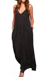 lot 20489 image: LILBETTER Women V-Neck Polka Dot Print Spaghetti Strap Boho Long Maxi Dresses(Black,X-Large)
