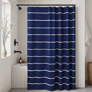 lot 2257 image: Treory Navy Blue Striped Shower Curtain, Modern Coastal Bathroom Decor, Clean White Horizontal Stripes, Linen Texture Waterproof Fabric, 72 x 72