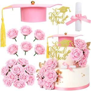 lot 2292 image: Graduation Cake Kit Included Felt Grad Cap with Tassel Pink Flower Grad Cake Toppers(Pink)