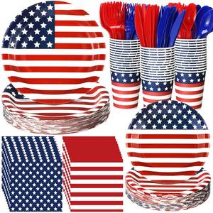 lot 2317 image: Sunnychicc 400 Pcs American Flag Patriotic Party Supplies Red White Blue Disposable Paper Plates Napkins and Cups for 250th Independence 4th of July Memorial Day Labor Veterans Election(Stylish)