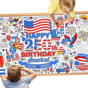 lot 2319 image: DPKOW 250th Anniversary American Coloring Tablecloth 4th of July Party Favors, American Flag Patriotic Giant Poster 72 x 30 Inches, Fourth of July Art Crafts Happy 250th Birthday America Table Cover