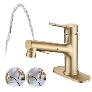 lot 2350 image: Besfelos Bathroom Sink Faucet with Pull Out Sprayer, Single Handle Modern Bathroom Basin Faucet with Pop-up Sink Drain Stopper & Deck Plate 1 or 4-inch Centerset 3 Hole, Gold