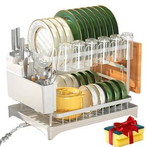 lot 2375 image: QECOUI 2-Tier Dish Drying Rack with Drainboard, Sink & Countertop Metal Dish Rack Organizer, Dish Drainers for Kitchen Counter, White Dish Racks
