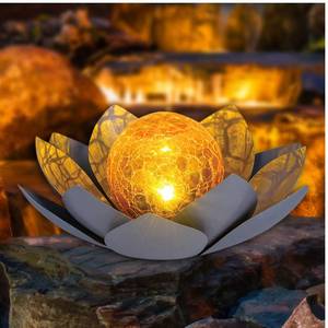 lot 2387 image: Huaxu Garden Solar Light Outdoor, Amber Crackle Globe Glass Lotus Decoration, Waterproof Gray Metal LED Flower Lights for Patio,Lawn,Walkway,Tabletop,Ground