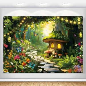 lot 2398 image: Enchanted Forest Backdrop Fairy Tale Magic Wonderland Mushroom Spring Garden Butterfly Banner Decorations Kids Girl Princess Birthday Party Photography Background Photoshoot Fabric 7x5ft